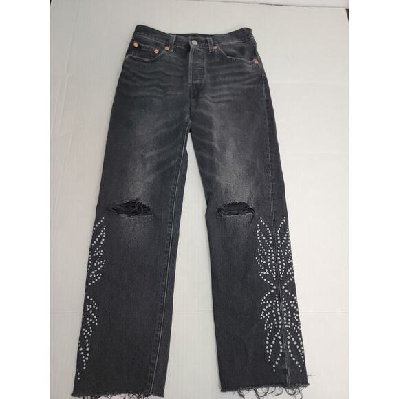 Levis Premium 501 Jean Sz 25 High Rise Embellished Fray Button Fly Big E Gray - Picture 2 of 13